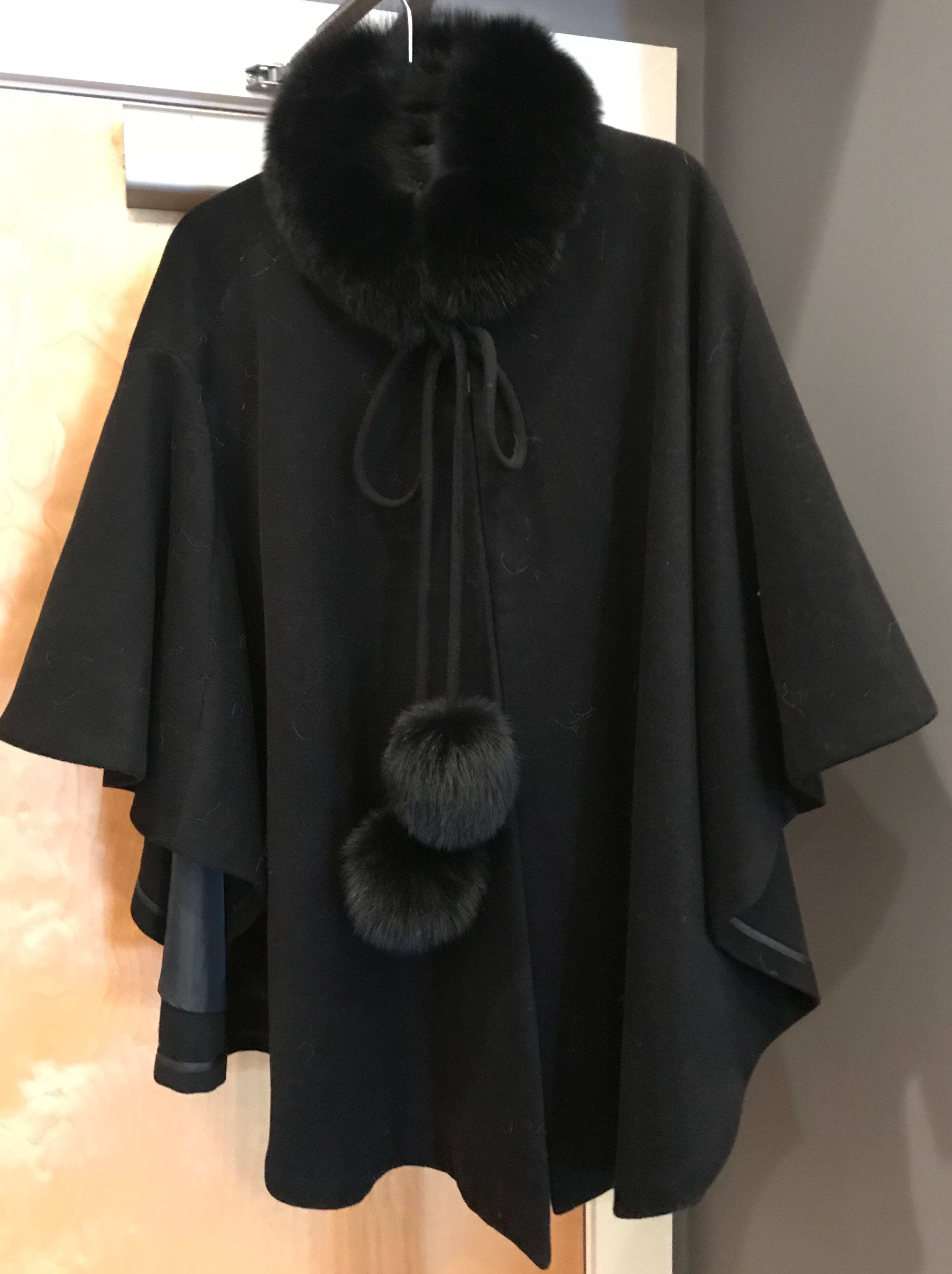 Black Cashmere Fur Pompom Cape