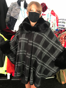 Black Plaid Faux Fur Cape