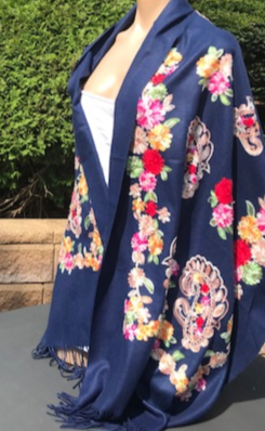 Navy Cashmere Embroidered Scarf