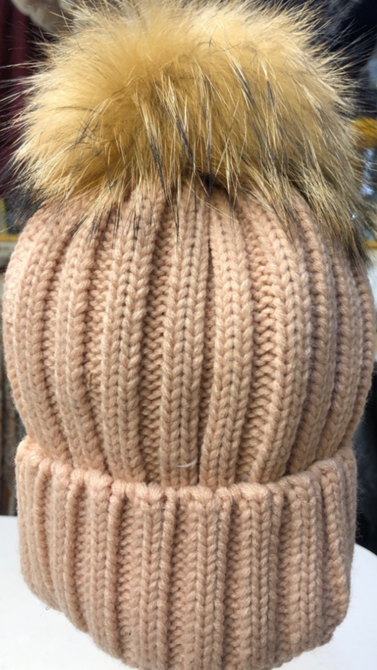 Light Pink Fox Fur Pompom Hat