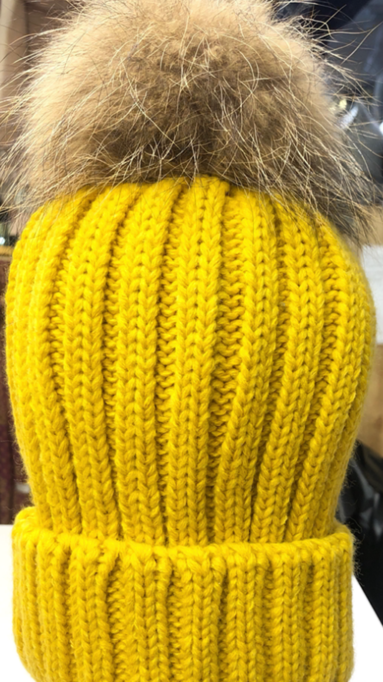 Mustard Fox Fur Pompom Hat
