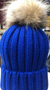 Royal Blue Fox Fur Pompom Hat