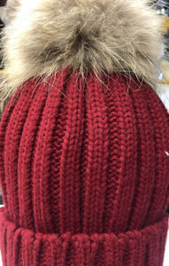 Wine Fox Fur Pompom Hat